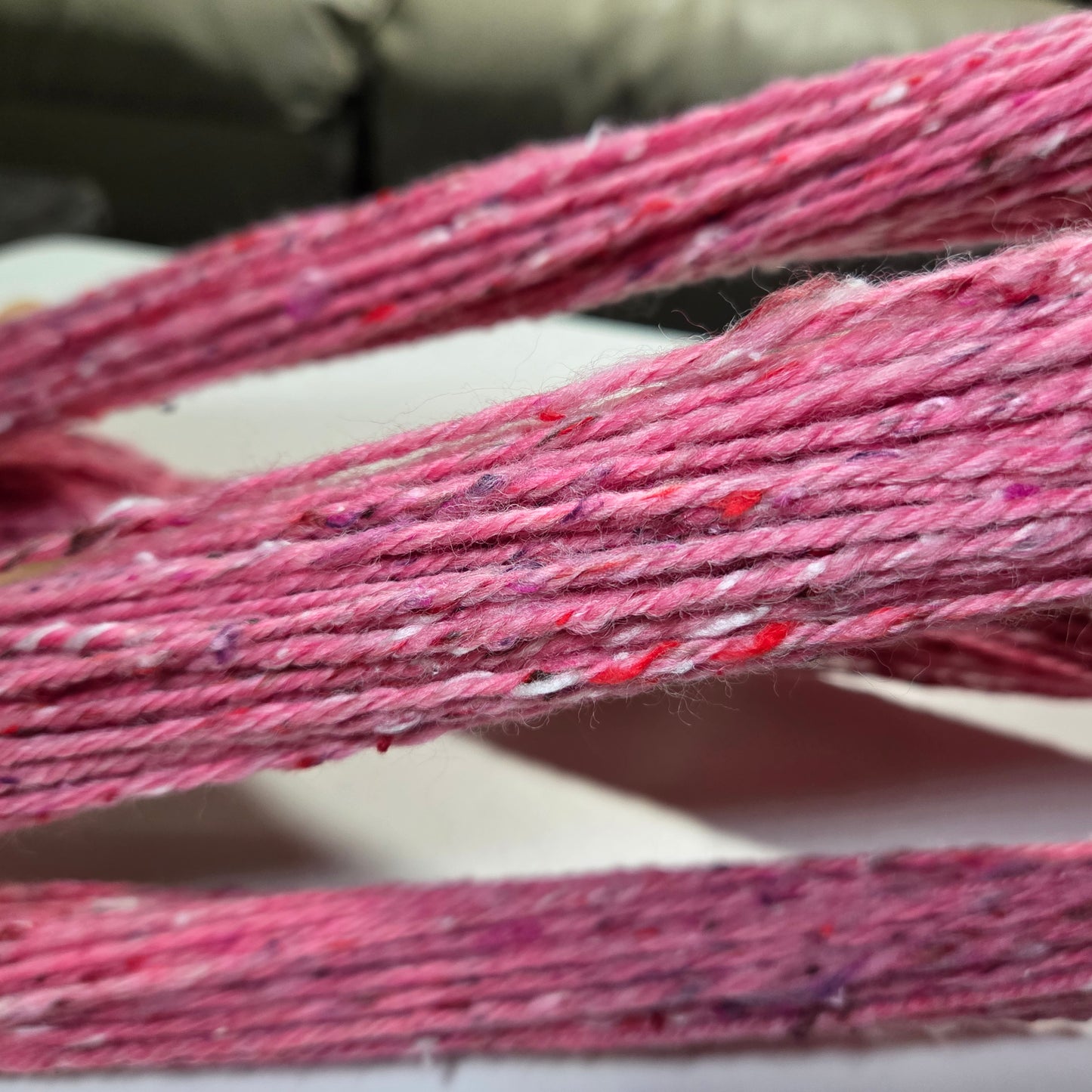  62.5% Polwarth Wool and 37.5% Viscose Tweed top, was hand spun by Fibrescape into a 3 ply Aran to chunky 97g weight yarn.&nbsp; 