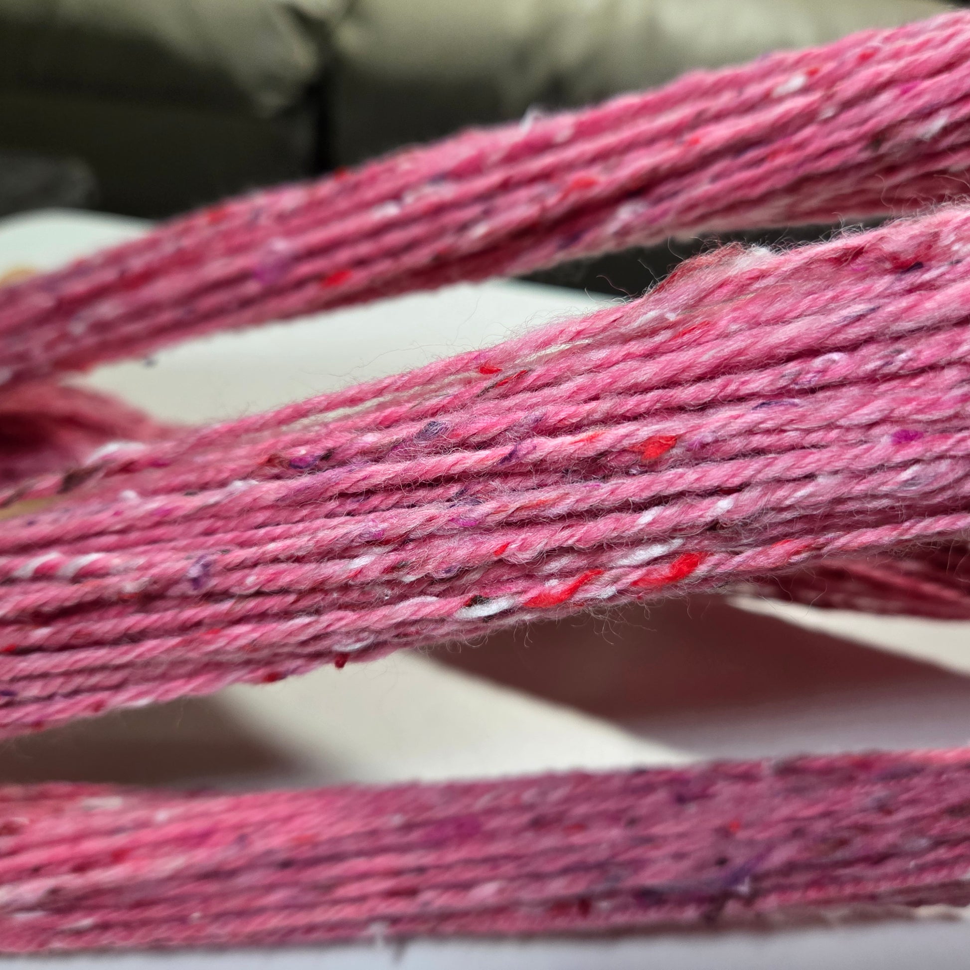  62.5% Polwarth Wool and 37.5% Viscose Tweed top, was hand spun by Fibrescape into a 3 ply Aran to chunky 97g weight yarn.&nbsp; 