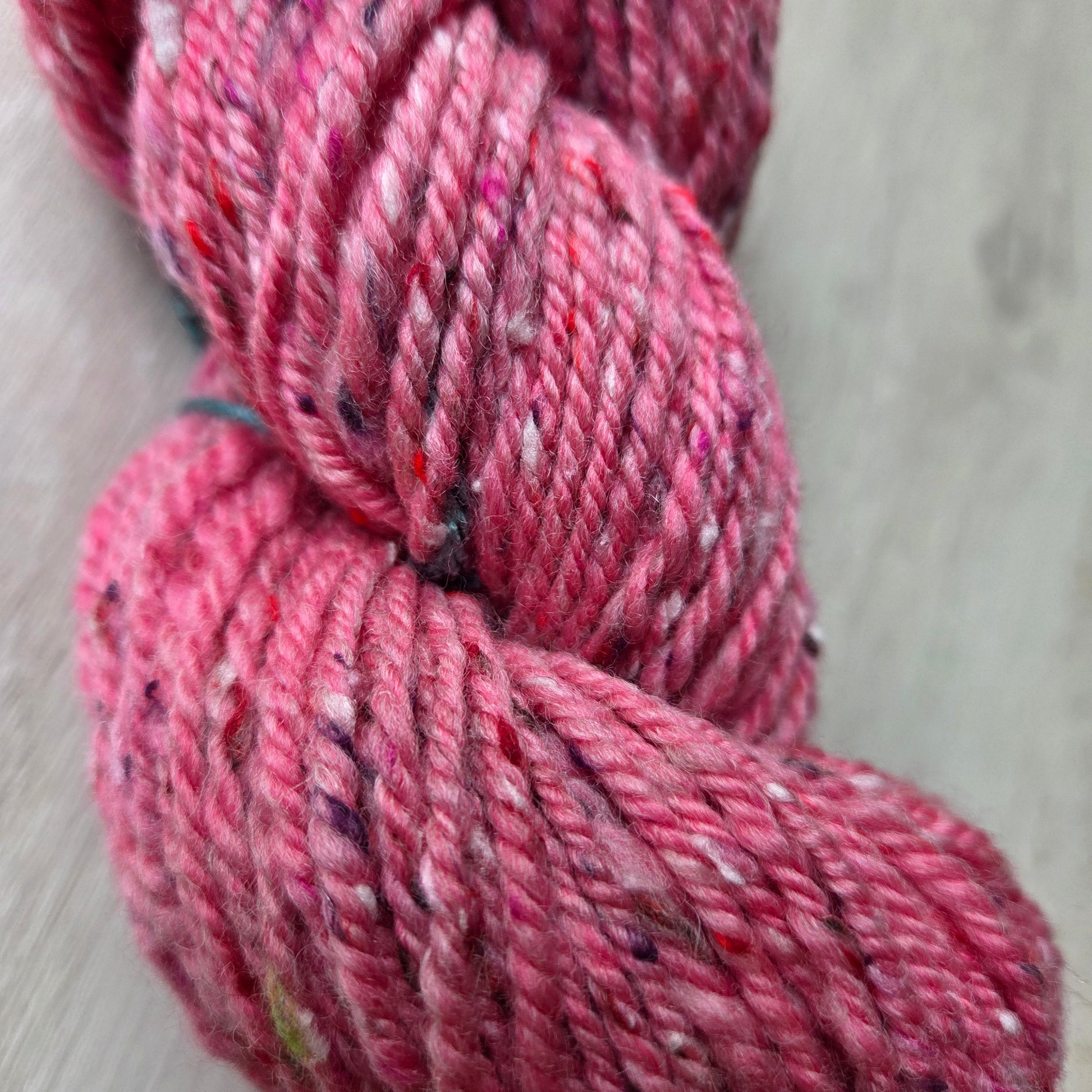  62.5% Polwarth Wool and 37.5% Viscose Tweed top, was hand spun by Fibrescape into a 3 ply Aran to chunky 97g weight yarn.&nbsp; 