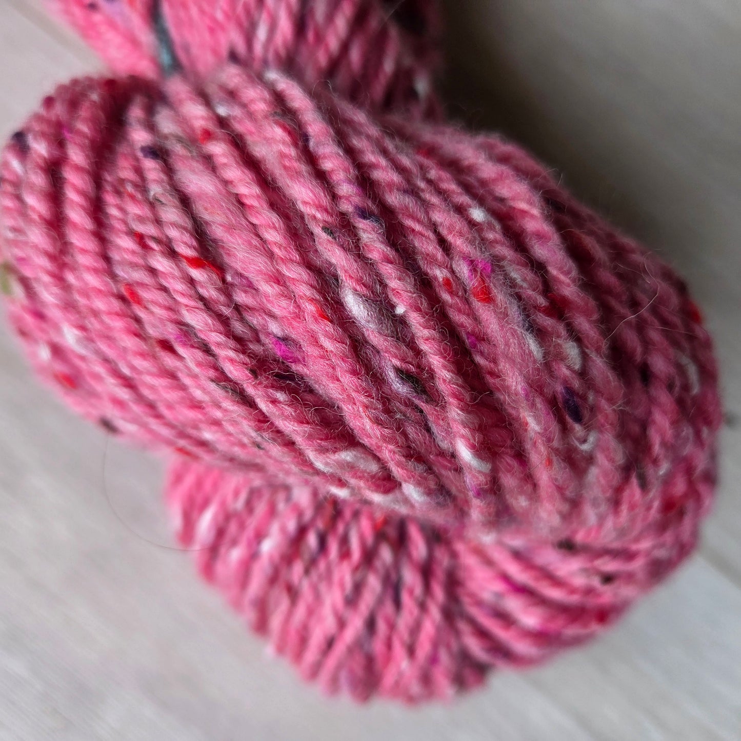  62.5% Polwarth Wool and 37.5% Viscose Tweed top, was hand spun by Fibrescape into a 3 ply Aran to chunky 97g weight yarn.&nbsp; 