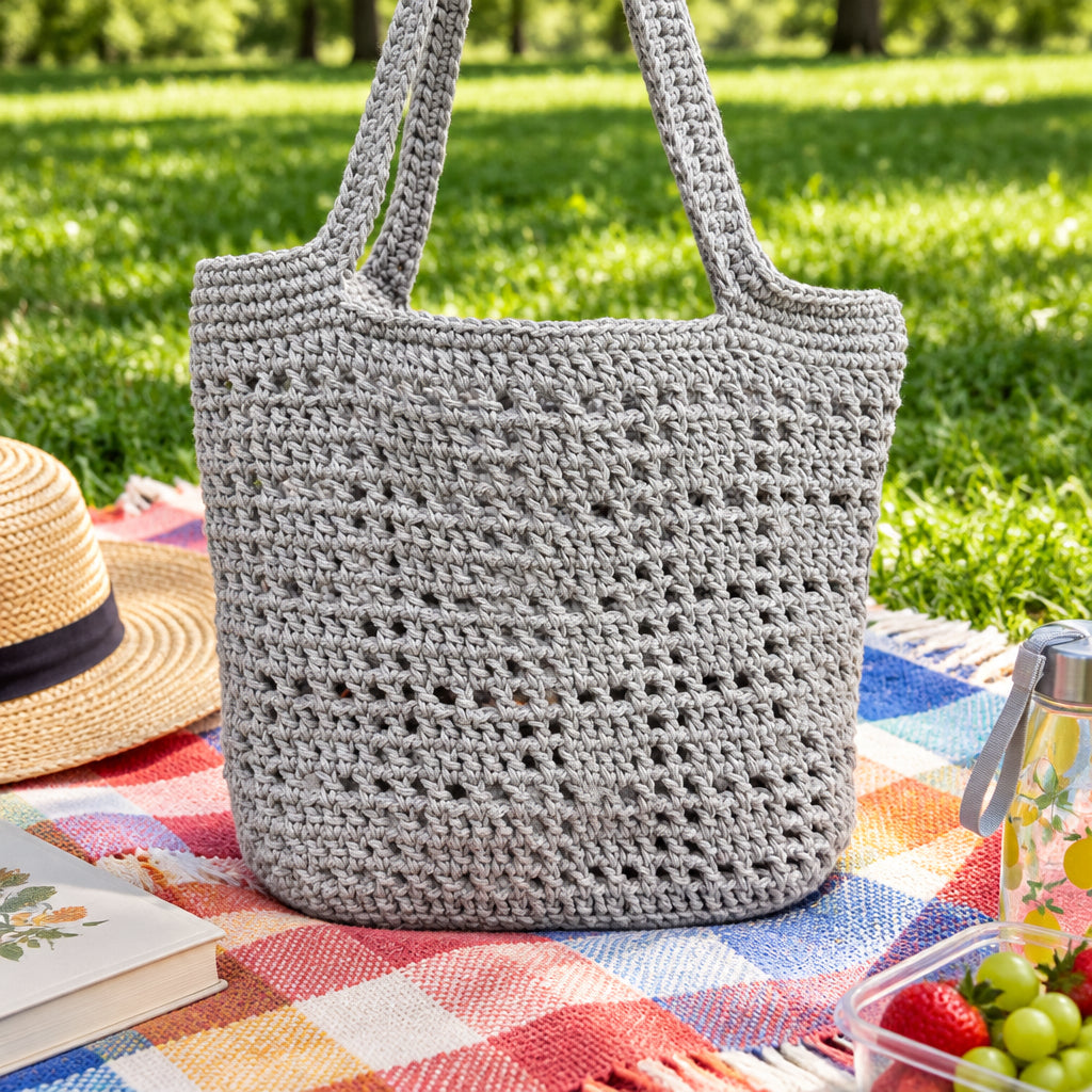A handmade crochet tote bag in a muted sage green color, hanging against a tan brick wall.