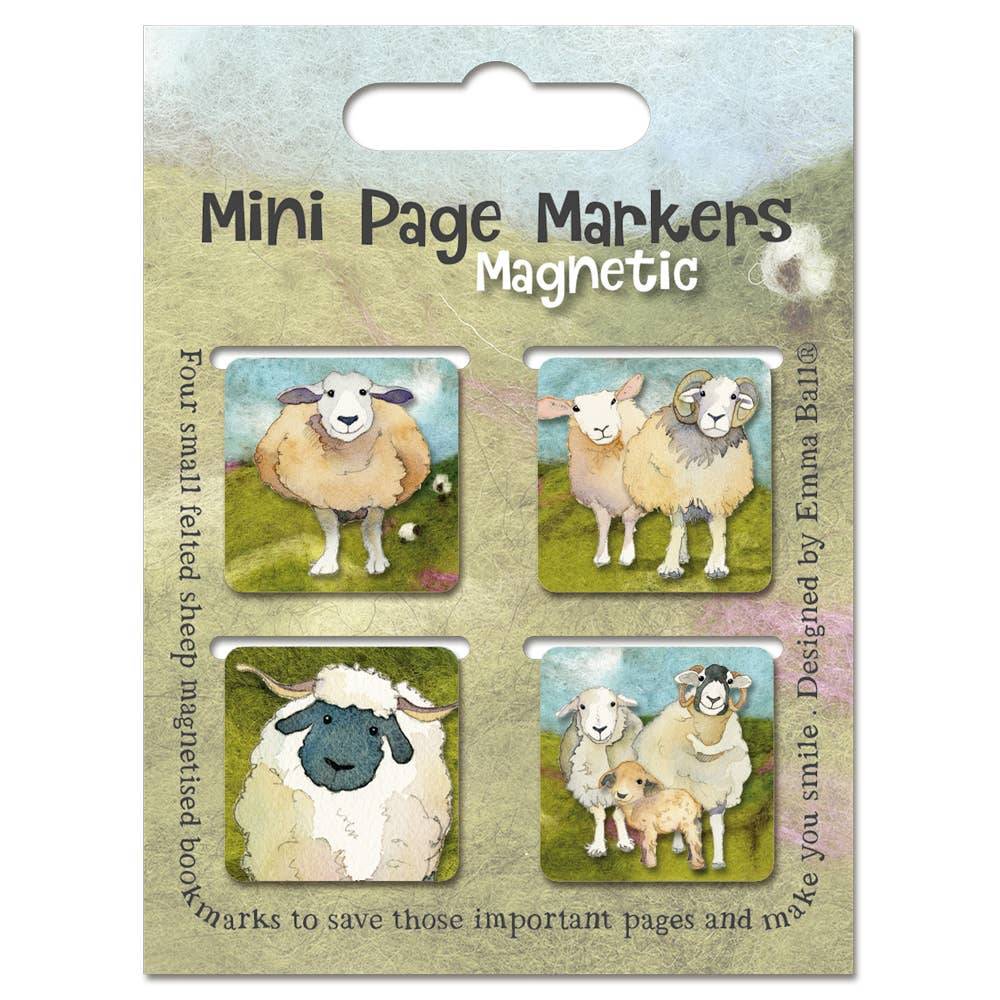 Packaging of mini magnetic page markers with sheep illustrations on a grassy background.