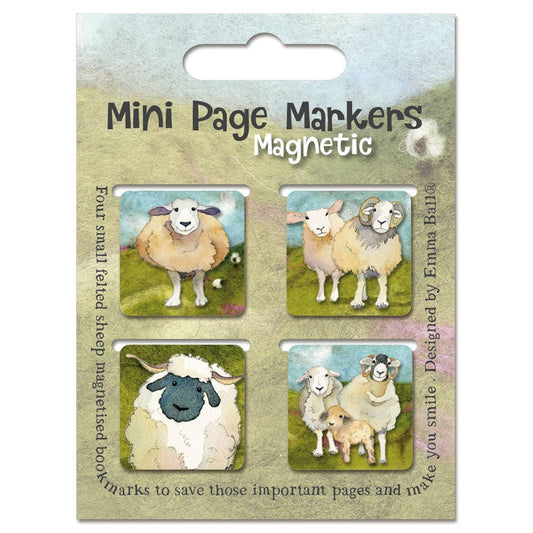 Packaging of mini magnetic page markers with sheep illustrations on a grassy background.