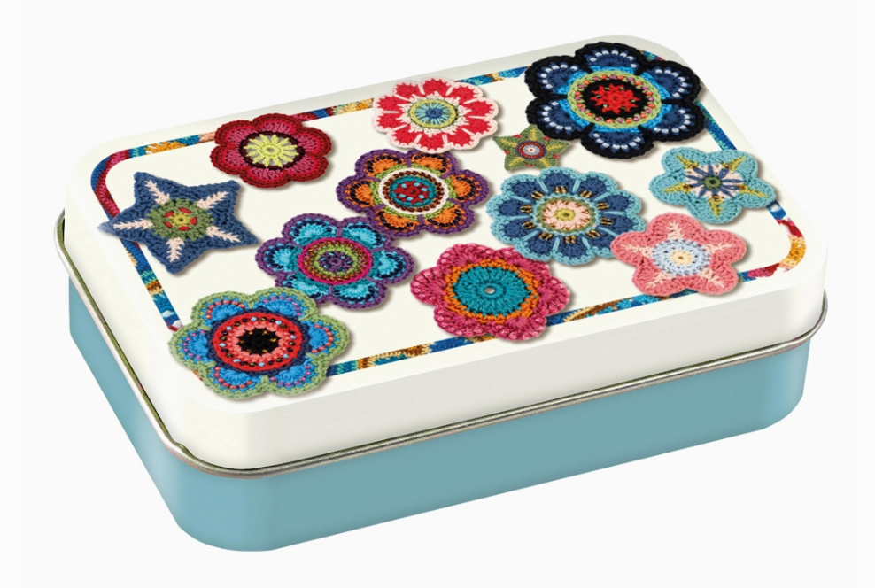 small tin with crochet flower designs on lid